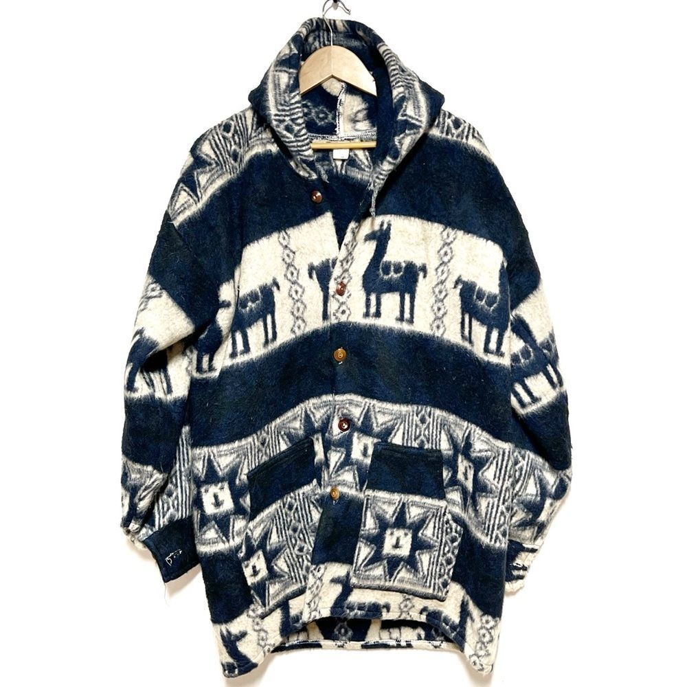 Vintage Handmade Alpaca Hooded Coat Navy Beige Aztec made in Ecuador Mens L